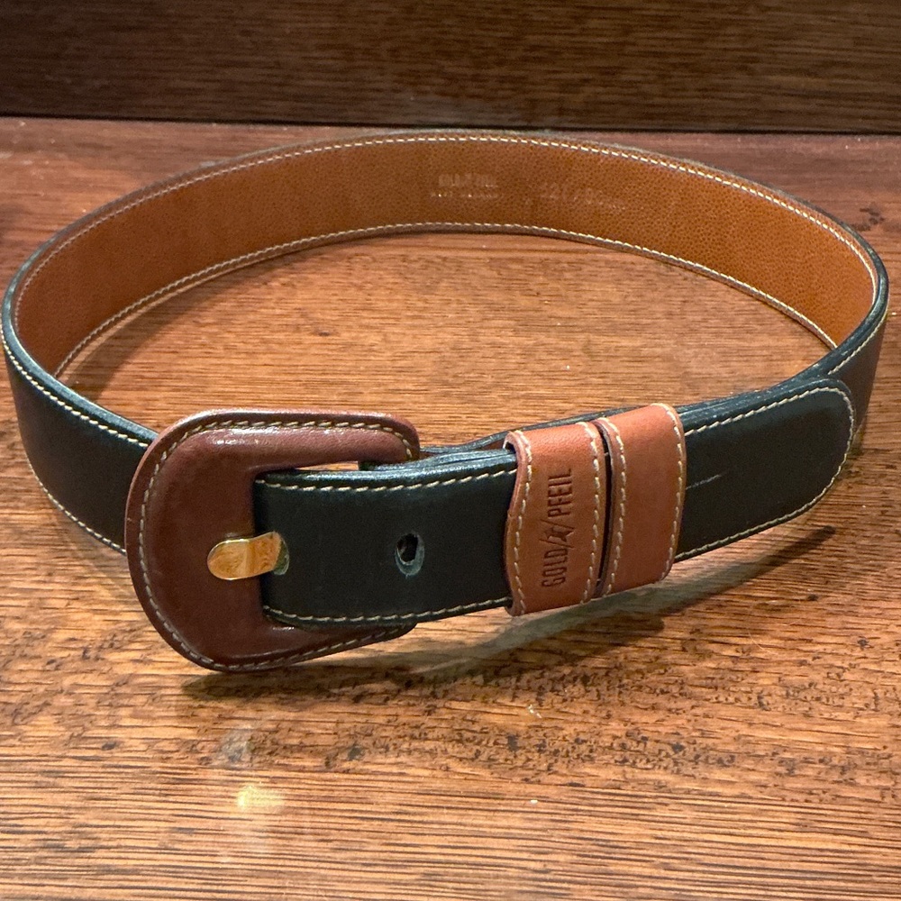 VINTAGE: Black and Brown Leather Belt with Branded Keeper
